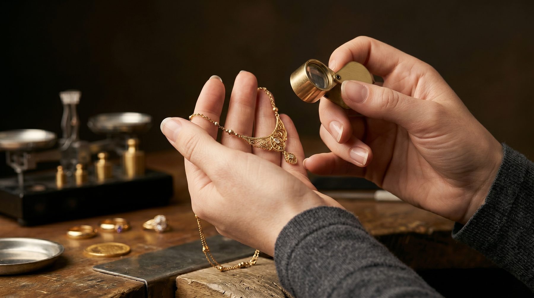 Valutazione professionale dell'oro a Palermo: mani esperte esaminano con la lente una collana d'oro accanto a una bilancia di precisione.